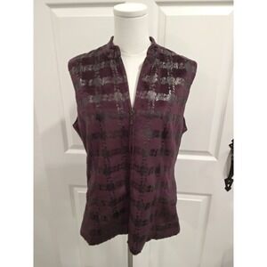 Erin Plaid Textured Zip‎ Front Vest Women's Size M Purple Black Metallic